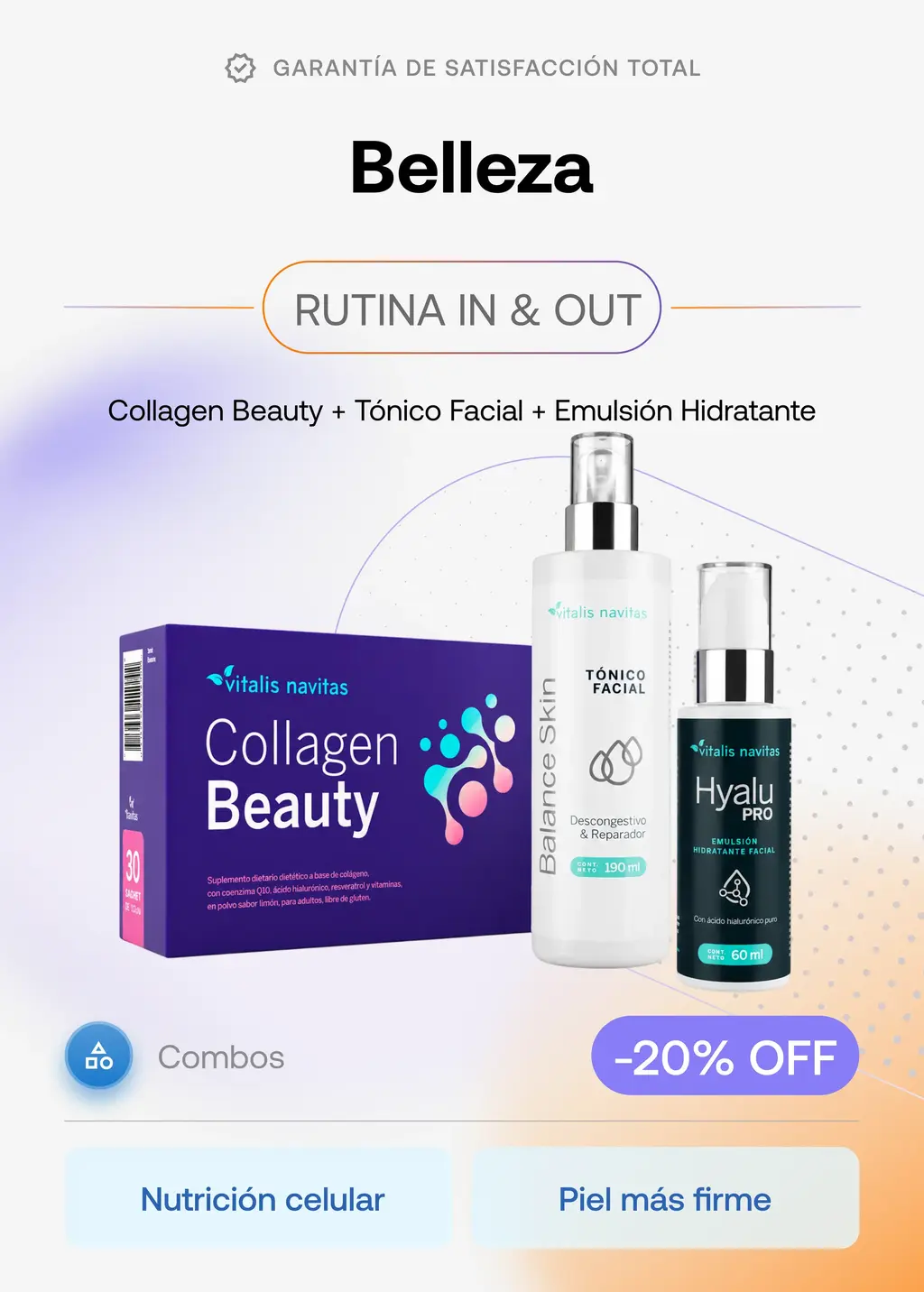 COMBO BELLEZA: Vitalis Collagen Beauty con PEPTAN + Tónico Facial + Emulsión Hidratante.