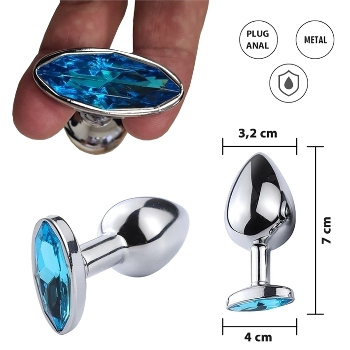 Sexa plug anal de metal tamaño chico con gema celeste - Ss-sf-11066