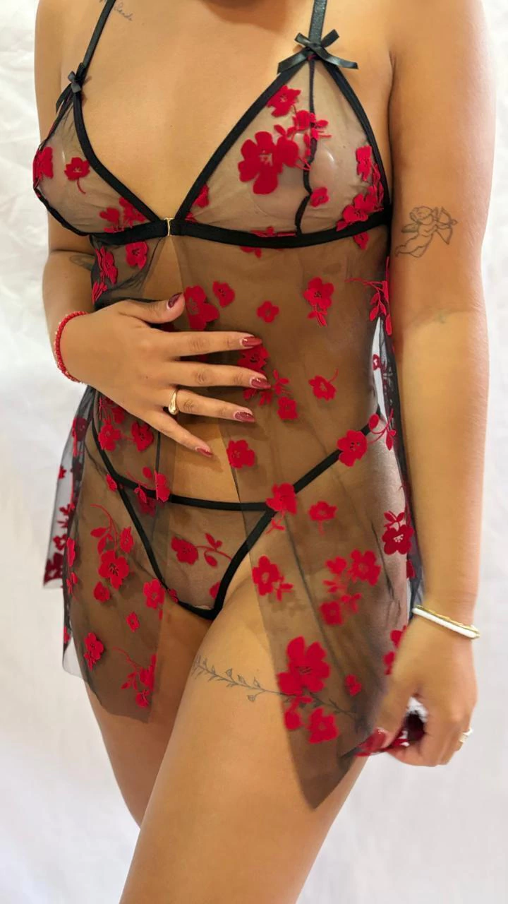 Sweet baby doll de tul bordado negro/rojo - 115