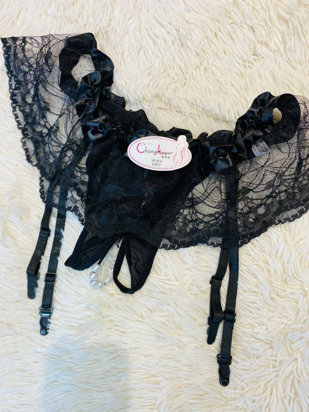 Sweet tanga con portaligas y perlas negra - 674