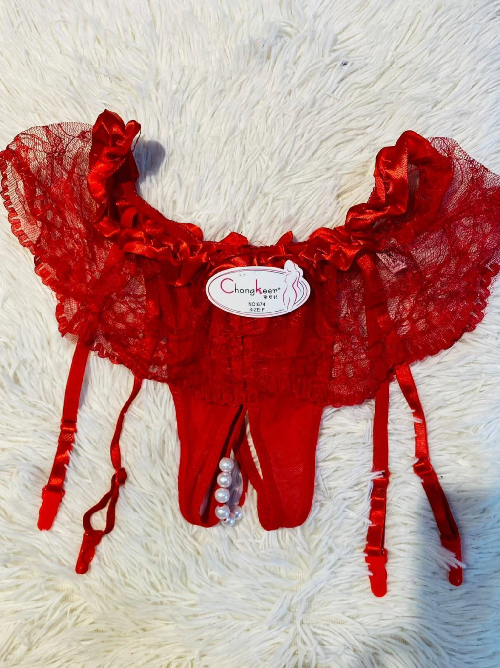 Sweet tanga con portaligas y perlas roja - 674