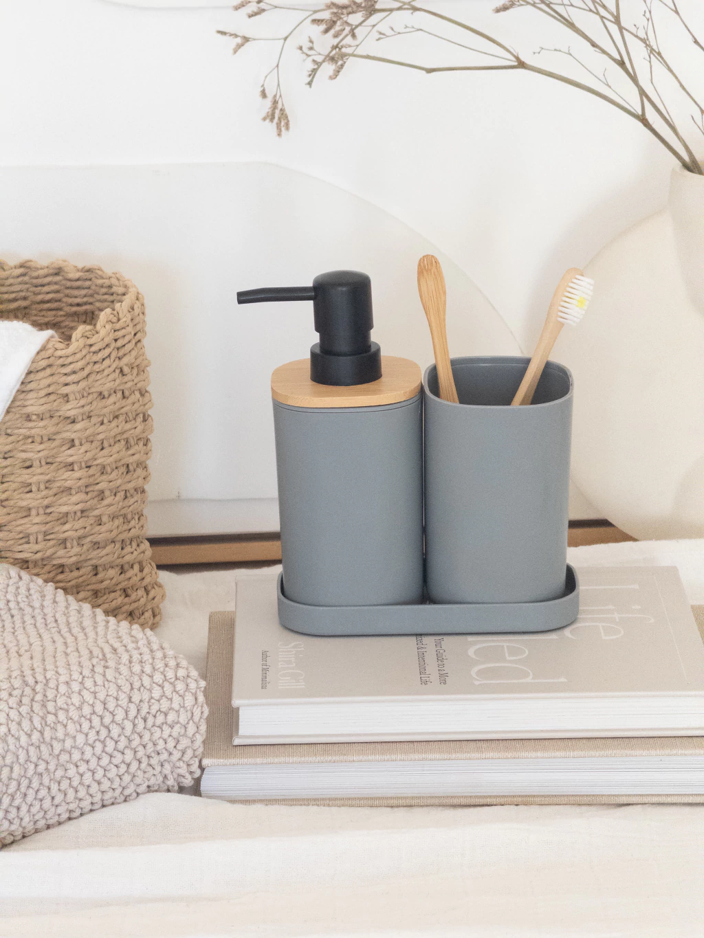 Set de Baño x3 Gris C/Bambú GH-007G