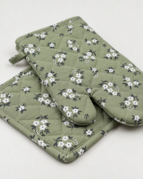 Set de guante + agarradera Floreado Verde