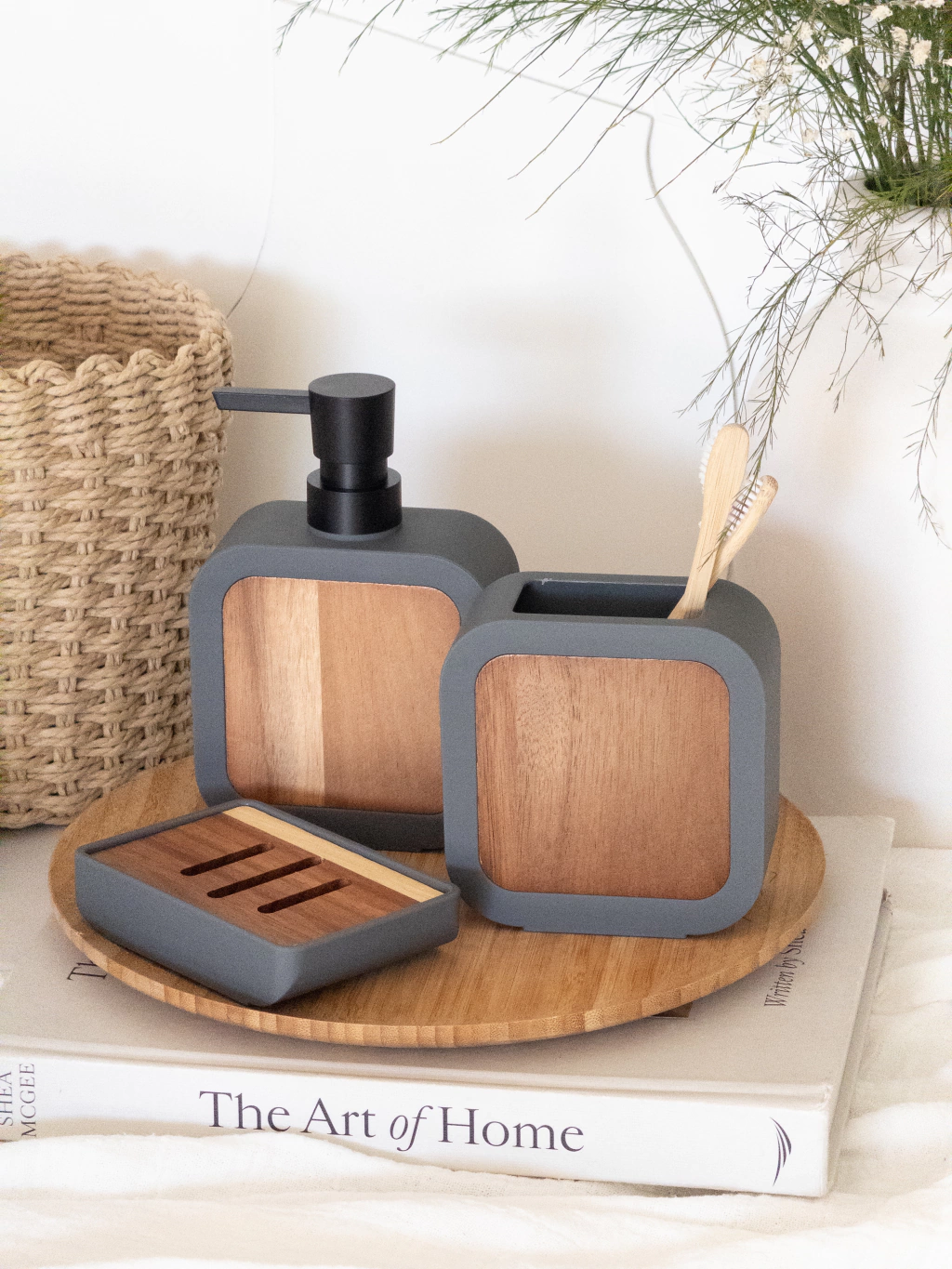 Set de baño de 3 Piezas Gris c/Madera GH-1