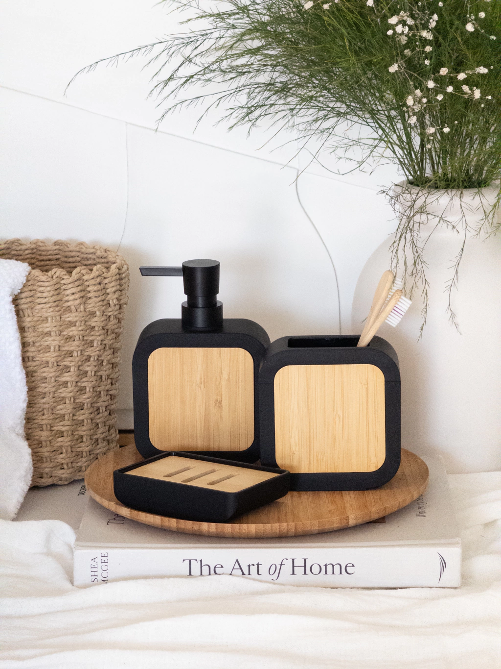 Set de Baño de 3 Piezas Negro c/Madera GH-7