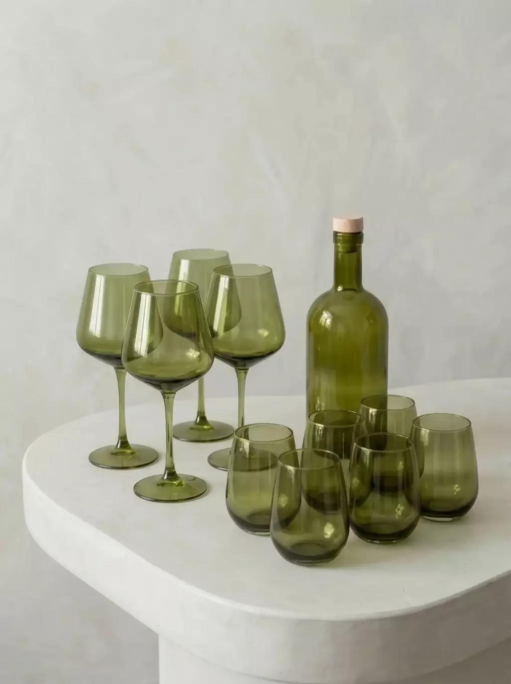 Kit copas, copones y botella verde - 13 pzas