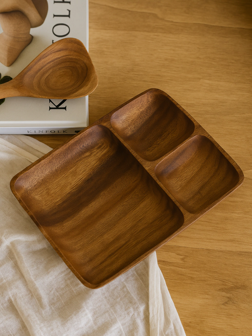 Bandeja acacia rectangular de 3 divisiones