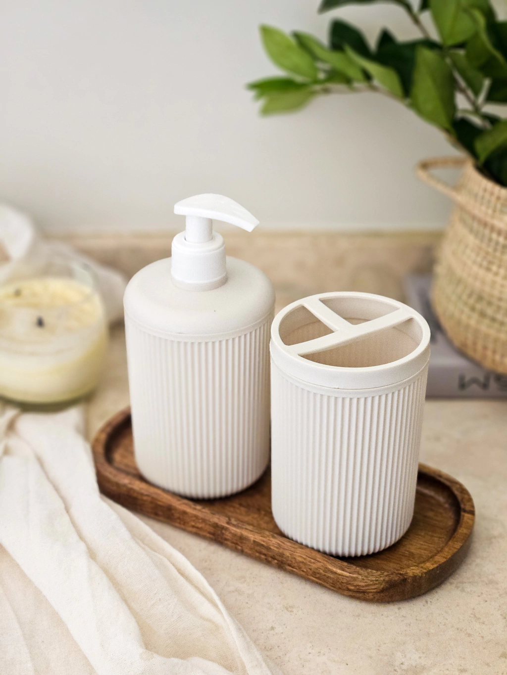 Set de dispenser + vaso porta cepillo - Natural