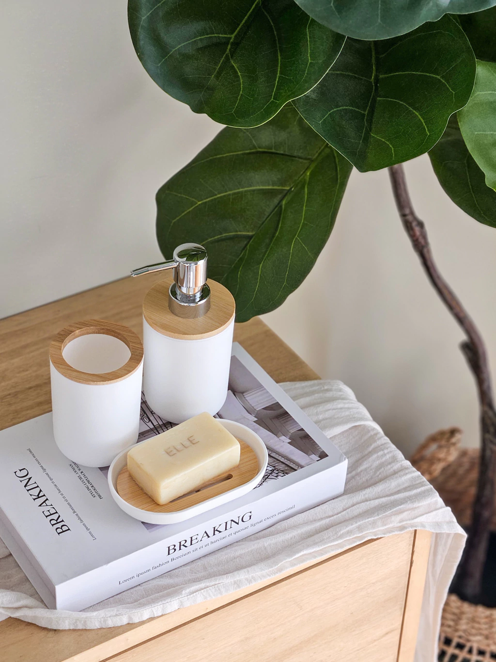 Set x3 de baño blanco y bamboo