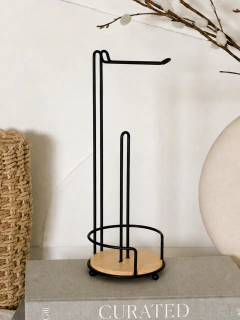Porta rollo papel higienico de acero negro con base de bambu, foto 1 de 2