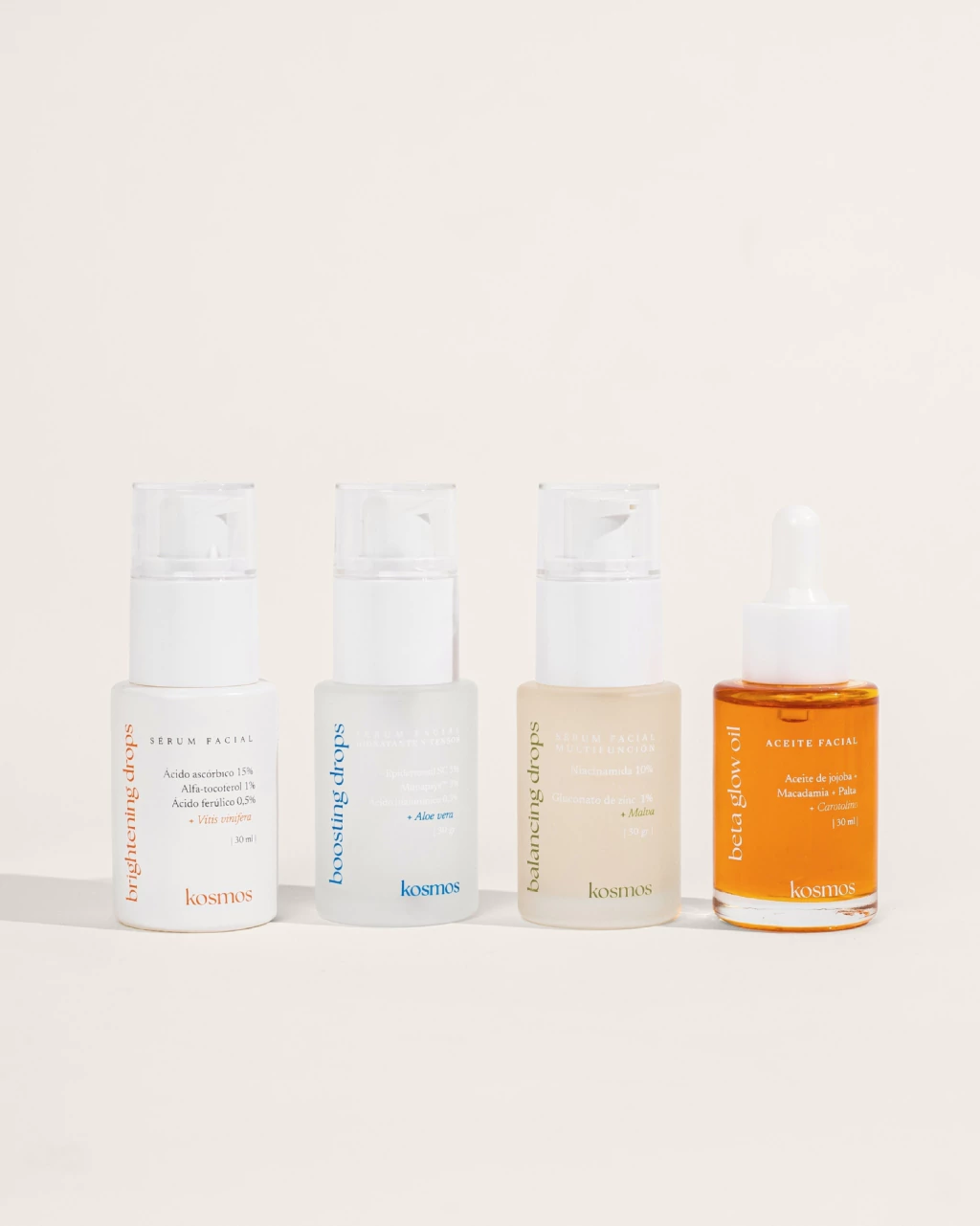 The daily drops / Birghtening Drops (VITC) + Balancing Drops (Niacinamida) + Boosting Drops (ácido hialurónico) + Beta Glow Oil