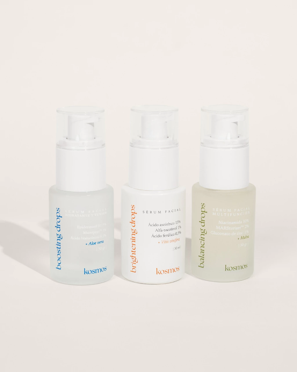 Serums trio / Brightening Drops (VITC) + Balancing Drops (Niacinamida) + Boosting Drops (ácido hialurónico) / Collaging Drops (Colágeno)