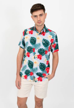 Camisa Corte Clasico Fibrana Celeste Flor Hojas, foto 2 de 5