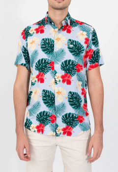 Camisa Corte Clasico Fibrana Celeste Flor Hojas, foto 3 de 5