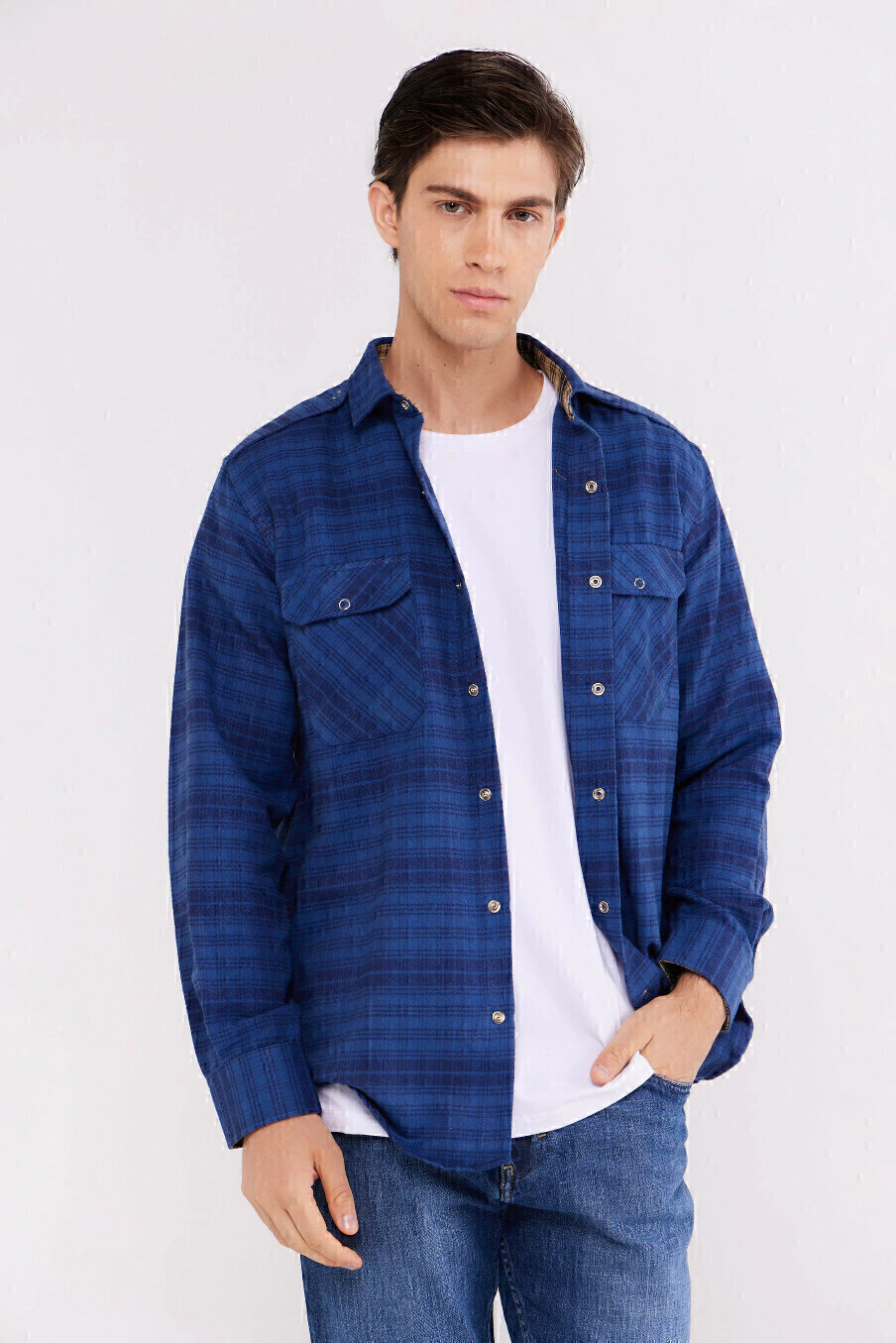 Camisa Corte Clasico Viyela Cuadros Azul Marino