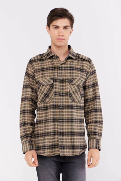 Camisa Corte Clasico Viyela Cuadros Camel Cuello Azul, foto 1 de 4