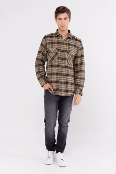 Camisa Corte Clasico Viyela Cuadros Camel Cuello Azul, foto 4 de 4