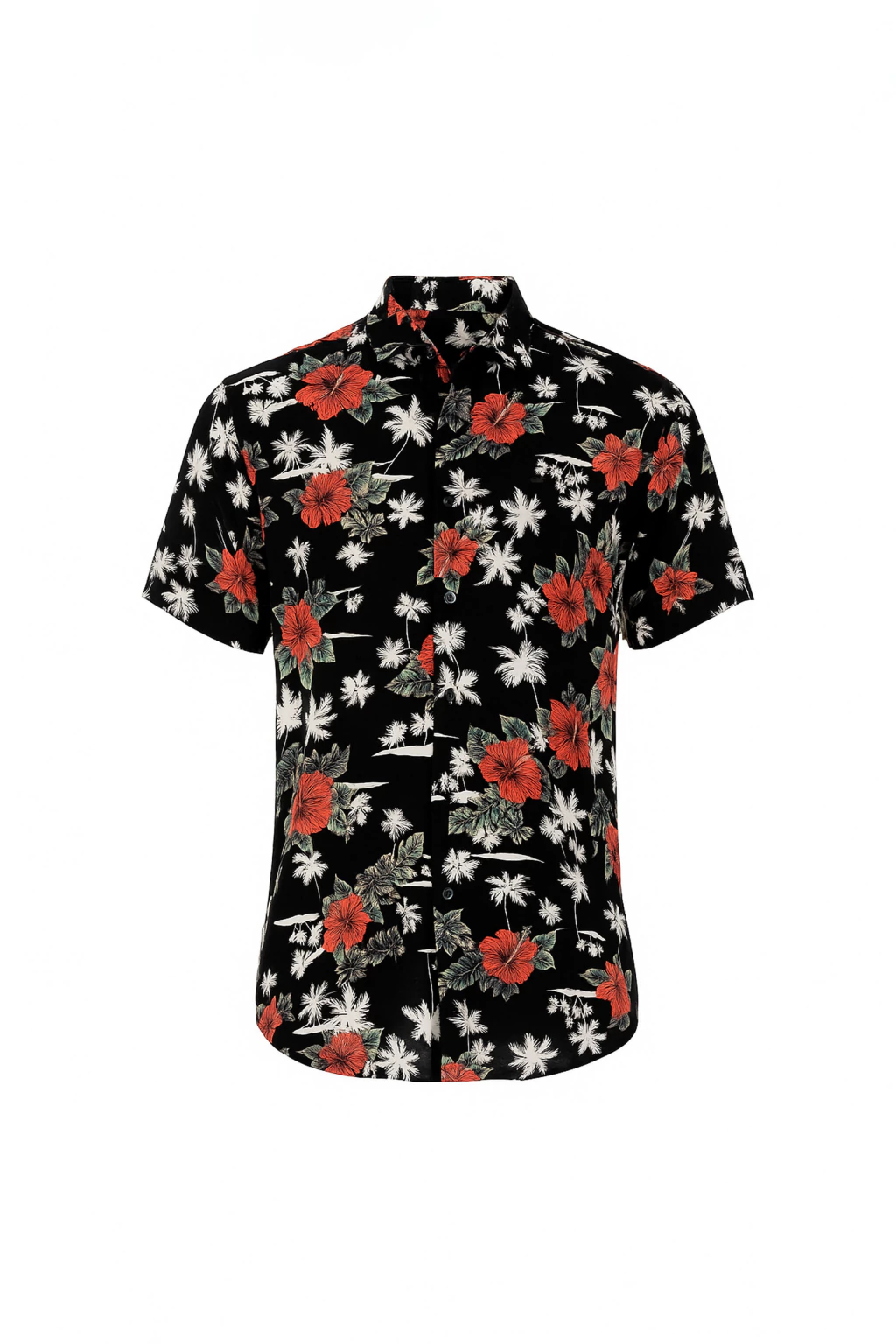 Camisa Manga Corta Fibrana Clasica Negro Flor Palmera