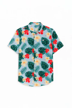 Camisa Corte Clasico Fibrana Celeste Flor Hojas, foto 1 de 5