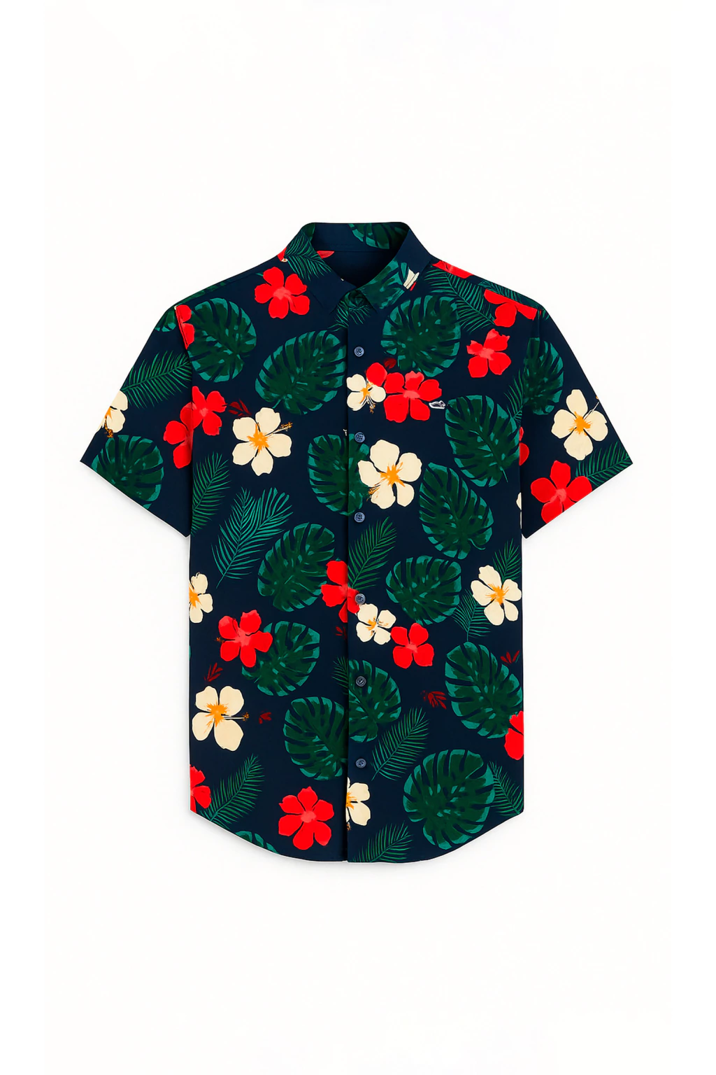 Camisa Corte Clasico Fibrana Marino Flor Hojas