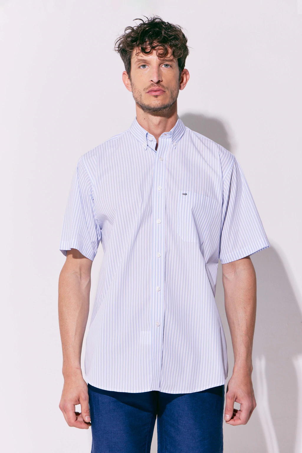 Camisa Manga Corta Corte Básico Rayas Celeste